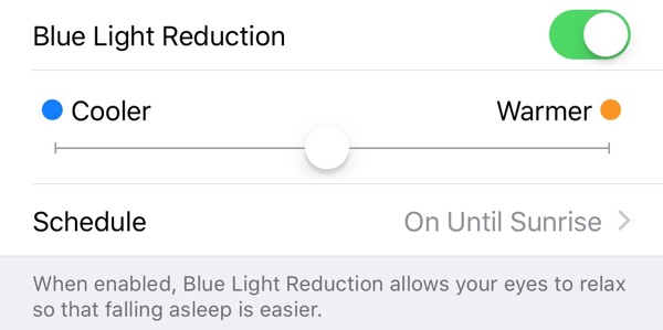 Adjusting the blue light reduction settings for night shift mode