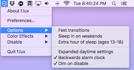 Night Shift mode flux options
